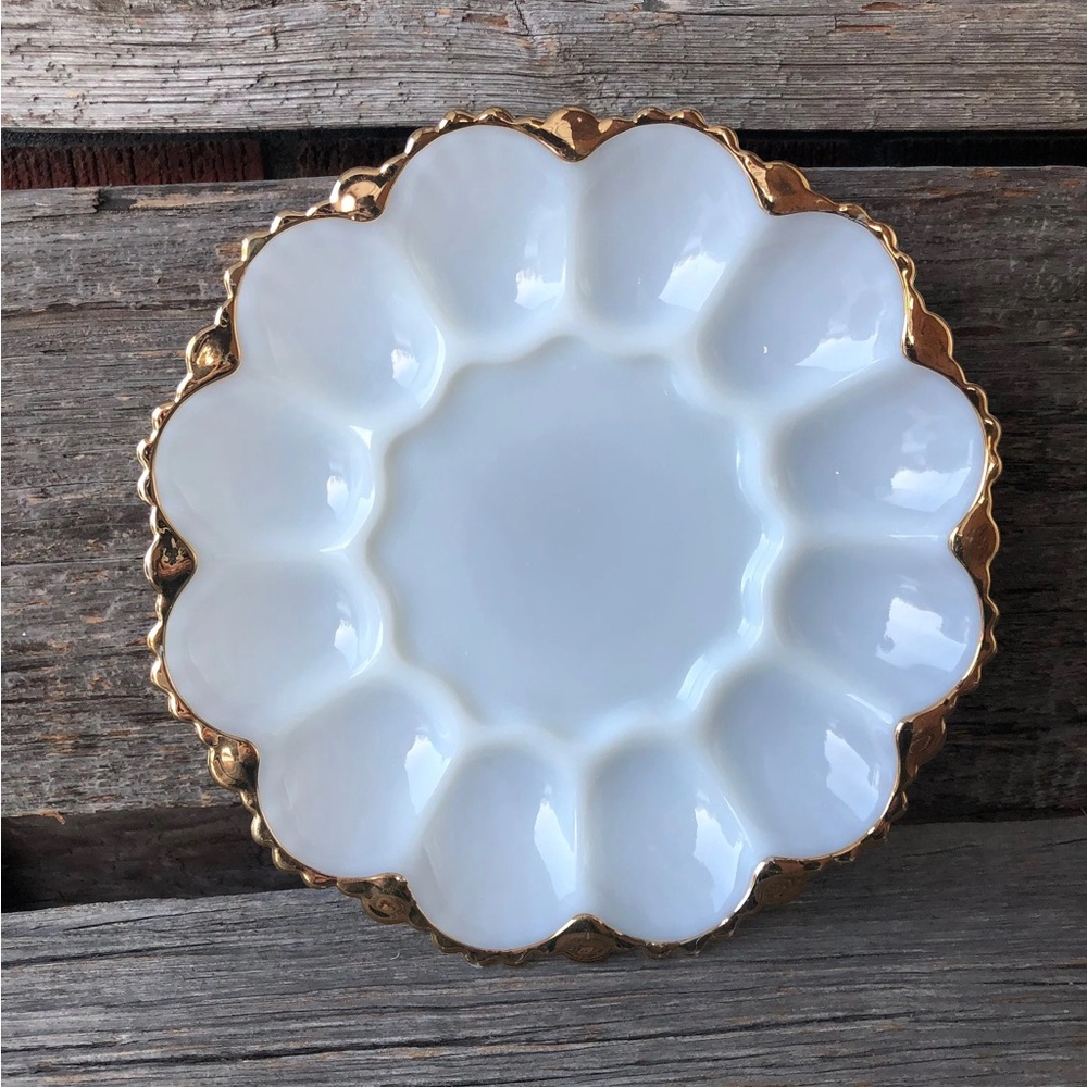 Milk Glass vintage Egg dish Fire-King Anchor Hocking deviled egg plate gold trim